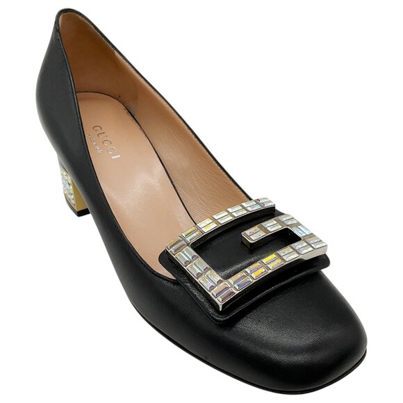 Gucci Black Leather Crystal Embellished Block Heel Pumps - Picture 1 of 6